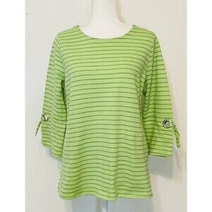 Soft Surroundings Women’s Size Petite M Green Striped Top Grommet Tie Sleeve